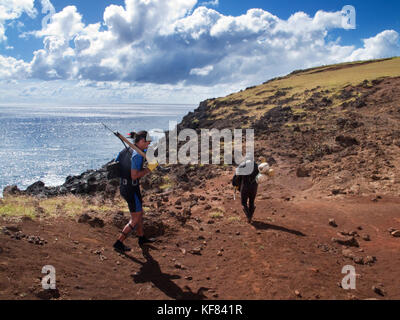 EASTER ISLAND, CHILE, Isla de Pascua, Rapa Nui, heading out freediving and spearfishing at the base of Poike, one of three main extinct volcanoes that Stock Photo