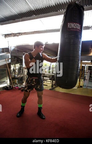 USA, Oahu, Hawaii, MMA Mixed Martial Arts Ultimate fighter Lowen Tynanes trains and spars at his gym in Honolulu Stock Photo