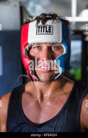 USA, Oahu, Hawaii, portrait of MMA Mixed Martial Arts Ultimate fighter Lowen Tynanes at his training gym in Honolulu Stock Photo