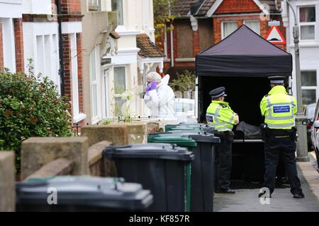 Brighton, UK. 26th October, 2017. Police Scene of Crime Officer enter 8 Sandgate Road, Brighton where Jillian Howell 46 was brutally stabbed to death last night. Her work colleage Dave Browning 51 has been charged with her murder and is awaiting trial. Stock Photo