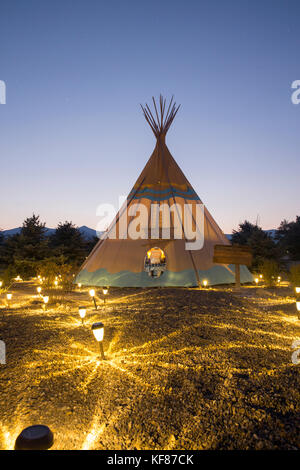 USA, Nevada, Wells, colorful tipis are scattered all over Mustang Monument, A sustainable luxury eco friendly resort and preserve for wild horses, Sav Stock Photo