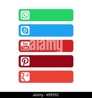 Istanbul, Turkey - October 26, 2017: Collection of popular social media logos printed on paper: Whatsapp, Skype, Youtube, Pinterest, Google Stock Vector