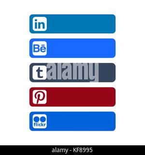 Collection of popular social media logos printed on paper: Linkedin, Behance, Tumblr, Pinterest, Flickr Stock Vector