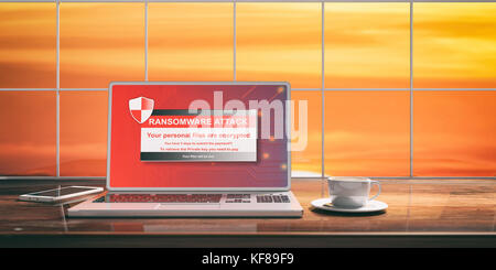 Laptop with cyber ransomware screen and silver color placed on a wooden desk. Room with a window overlooking the blurred orange sky. 3d illustration