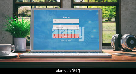 Laptop with login screen and silver color placed on a wooden desk, Room with a window overlooking the beautiful blurred nature. 3d illustration
