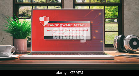 Laptop with ransomware screen and silver color placed on a wooden desk, Room with a window overlooking the beautiful blurred nature. 3d illustration