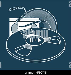 Set of old VHS cassette, VHS tape video cassette, vinyl disc and tape ree. black and white illustration style Stock Vector