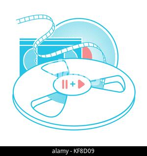 Set of old VHS cassette, VHS tape video cassette, vinyl disc and tape ree. Icon in the linear style Stock Vector