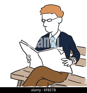 Illustration businessman reading newspaper on wooden bench - Simple line drawing Illustration. Stock Vector
