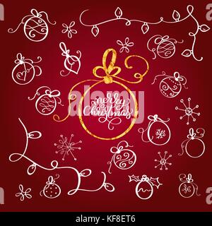 Set of vintage flourish doodle Christmas balls. vector design elements. Design for Xmas Holiday greeting card. Merry Christmas calligraphy lettering text on red background Stock Vector