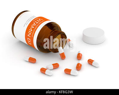 3d render of vitamin d3 pills in bottle over white background Stock Photo