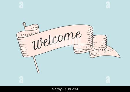 Welcome, old school vintage ribbon flag Stock Vector