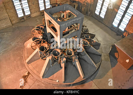 Liverpool Anglican cathedral peel of bells interior floodlit bell chamber as part of public access to viewing gallery on roof of bell tower England UK Stock Photo