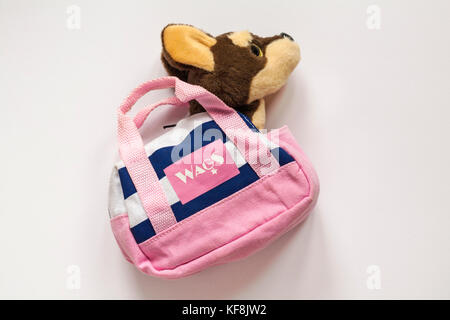 Wags puppy in bag toy isolated on white background Stock Photo