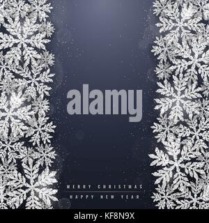 Christmas and new years dark blue background with christmas silver glittering snowflakes on dark background. Merry Christmas greeting card Stock Vector