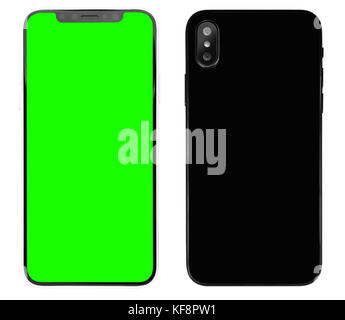 New smart phone looks like Iphone X model isolated on white background.Modern smartphone device.Mobile phone,chroma key screen to place mobile app Stock Photo