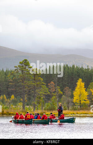 School children enjoying adventure sports on Uath Lochan with their instructor in autumn among the Inshriach Forest in the Scottish Highlands, UK Stock Photo