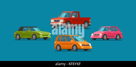 Cars, set of icons. Vehicle, automobile, garage, transport, car service concept. Cartoon vector illustration Stock Vector