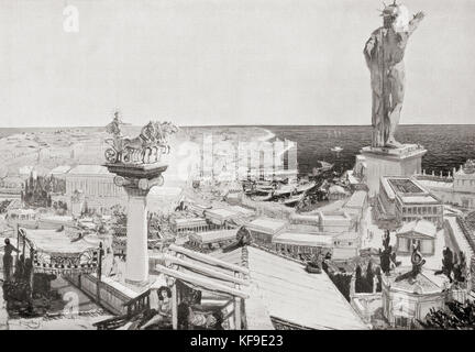 The Colossus of Rhodes.  A statue of the Greek titan-god of the sun Helios, erected in the city of Rhodes, Greece by Chares of Lindos in 280 BC. One of the Seven Wonders of the Ancient World.  From Hutchinson's History of the Nations, published 1915. Stock Photo