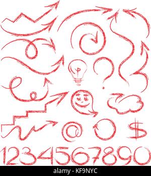 Set red icons, different signs, arrows, numeral Stock Vector