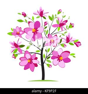 Blossoming magnolia tree on white background Stock Vector