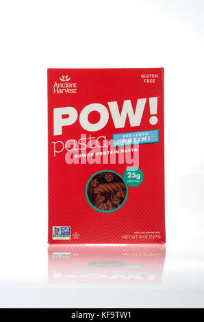 POW! Red Lentil Rotini Pasta box from Ancient Harvest company Stock Photo