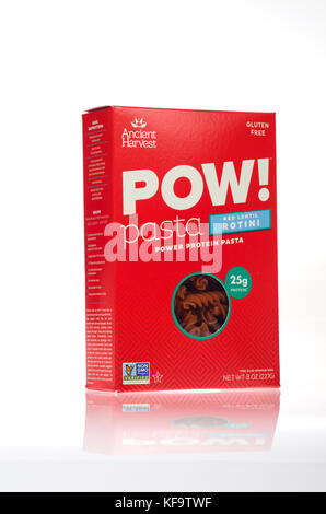 POW! Red Lentil Rotini Pasta box from Ancient Harvest company Stock Photo