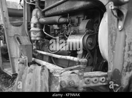 Close-up of the engine on an old Massey Ferguson farm tractor (black&white) Stock Photo