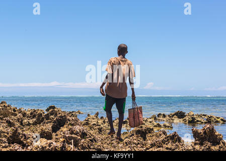 Young African boy photographed from behind walking on a rocky shore carryng an old shopping bag. Blue sea and sky in the background. Stock Photo