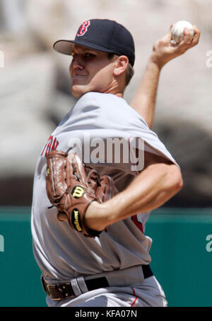 Boston Red Sox pitcher Jonathan Papelbon throws against the Los Angeles Angels in the second  inning in Anaheim, Calif. on Sunday, Aug. 21, 2005.  Photo by Francis Specker Stock Photo