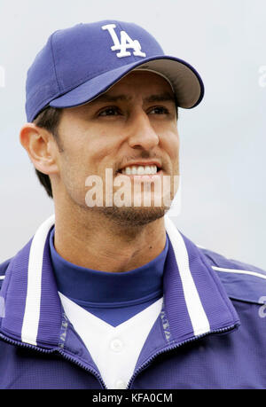 Los Angeles Dodgers' Nomar Garciaparra  watches the opening day ceremonies at Dodger Stadium before the game against the Atlanta Braves in Los Angeles on Monday, April 3, 2006. Garciaparra didn't play because of injury. Photo by Francis Specker Stock Photo