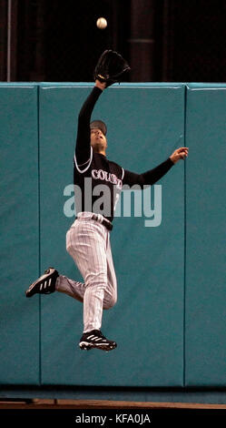 Colorado Rockies center fielder Cory Sullivan makes a leaping catch at the wall of a fly ball hit by Los Angeles Dodgers' Jeff Kent in the eighth inning of a baseball game in Los Angeles on Monday, May 22, 2006. The Dodgers won 6-1. Photo by Francis Specker