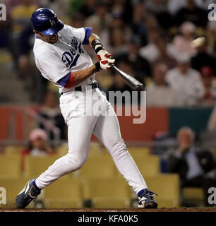 Los Angeles Dodgers' Nomar Garciaparra hits a three-run homer off Houston Astros pitcher Andy Pettitte during the third inning of a baseball game in Los Angeles on Tuesday, May 9, 2006. Photo by Francis Specker Stock Photo