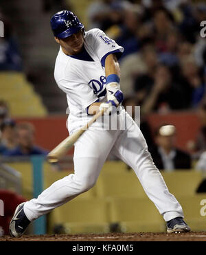 Los Angeles Dodgers' Russell Martin hits a home run off Philadelphia Phillies pitcher Gavin Floyd in the fourth inning of a baseball game in Los Angeles on Thursday, June 1, 2006. Photo by Francis Specker Stock Photo