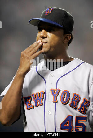 New York Mets pitcher Pedro Martinez puts his hand to his face after he was taken out of  the baseball game in the sixth inning against the Los Angeles Dodgers in Los Angeles on Tuesday, June 6, 2006. Photo by Francis Specker Stock Photo