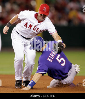 Texas Rangers second baseman Ian Kinsler (5) signals 2nd out of the 9th  inning. The Texas Rangers defeated the St. Louis Cardinals, 4-2, during  Game 5 of the World Series at Rangers