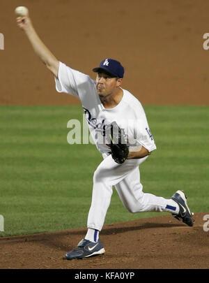 Los Angeles Dodgers' Greg Maddux pitches against the Cincinnati Reds during the second inning of a baseball game in Los Angeles on Wednesday, Aug. 30, 2006. Photo by Francis Specker Stock Photo