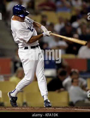 Los Angeles Dodgers' Greg Maddux hits an RBI single off Cincinnati Reds pitcher Aaron Harang that scored Andre Ethier in the second inning of a baseball game in Los Angeles on Wednesday, Aug. 30, 2006. Photo by Francis Specker Stock Photo