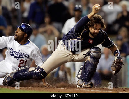 San Diego Padres catcher Mike Piazza, right, forces out Los Angeles Dodgers' Marlon Anderson at home plate in the sixth inning of a baseball game in Los Angeles on Monday, Sept. 18, 2006. Photo by Francis Specker Stock Photo