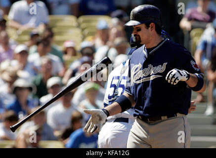San Diego Padres' Adrian Gonzalez flips his bat after striking out against Los Angeles Dodgers pitcher Derek Lowe in the third inning of a baseball game in Los Angeles on Sunday, Sept. 17, 2006. Photo by Francis Specker Stock Photo