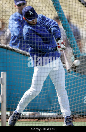 Los Angeles Dodgers' Nomar Garciaparra hits in the batting cage before game 3 of the NLDS baseball series against the New York Mets in Los Angeles on Saturday, October 7, 2006. Photo by Francis Specker Stock Photo