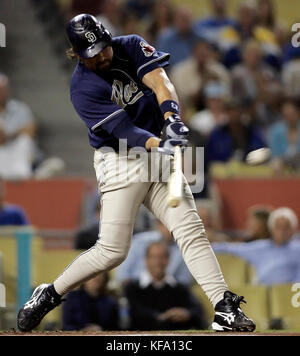 San Diego Padres' Mike Piazza hits an RBI double off  Los Angeles Dodgers pitcher Brad Penny that scored Adrian Gonzalez in the first inning of a baseball game in Los Angeles on Monday, Sept. 18, 2006. Photo by Francis Specker Stock Photo