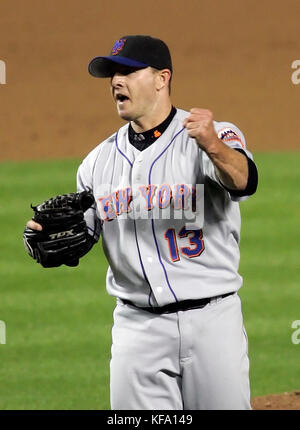 New York Mets' relief pitcher Billy Wagner celebrates the Mets 9-5 victory over the Los Angeles Dodgers in game 3 of the NLDS baseball series  in Los Angeles on Saturday, October 7, 2006. Photo by Francis Specker Stock Photo