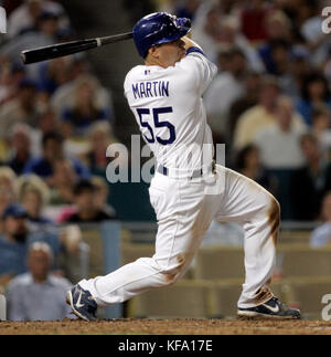 Los Angeles Dodgers' Russell Martin hits a RBI-single off Atlanta Braves pitcher Tyler Yates that scored Juan Pierre in the seventh inning of a baseball game in Los Angeles on Monday, July 2, 2007. Photo by Francis Specker Stock Photo