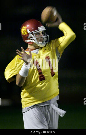 Southern California quarterback Matt Leinart throws a pass during a work-out in Los Angeles, Monday, Jan. 2, 2006. The Trojans face the University of Texas in the national championship game at the Rose Bowl on Wednesday, Jan. 4. Photo by Francis Specker Stock Photo