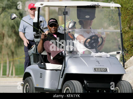 Actor Samuel L. Jackson rides a golf cart at the Bob Hope Chrysler Classic at the Silver Rock Resort in La Quinta, CA, on Wednesday, Jan. 16, 2008. Photo credit: Francis Specker Stock Photo