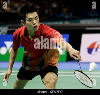 Dan Lin of China hits a backhand against Hyun Ii Lee of Korea during a quarterfinal match at the IBF Badminton World Championships in Anaheim, Calif. on Friday, Aug. 19, 2005.  Lin won, 5-15, 15-7, 15-8. Photo by Francis Specker Stock Photo