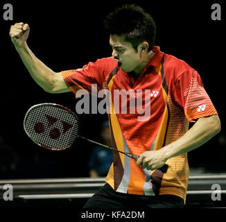 Dan Lin of China celebrates his quarterfinal victory over Hyun Ii Lee of Korea, 5-15, 15-7, 15-8, at the IBF Badminton World Championships in Anaheim, Calif. on Friday, Aug. 19, 2005.  Photo by Francis Specker Stock Photo