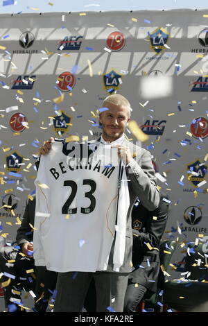 David Beckham holds up his jersey at the official presentation of David Beckham to the Los Angeles Galaxy at the Home Depot Center in Carson, CA on July13, 2007. Photo credit: Francis Specker Stock Photo