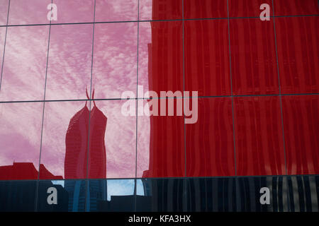 Closeup of Chicago skyscraper with reflections on red glass Stock Photo